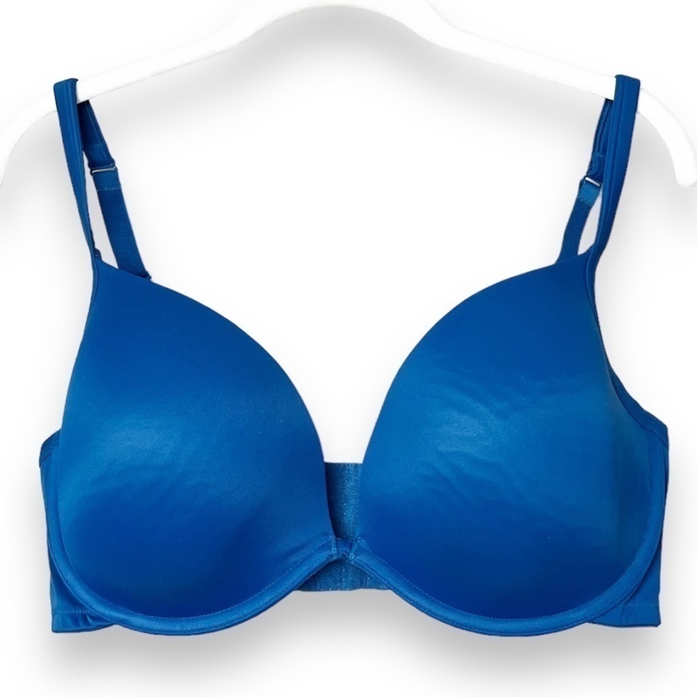Cacique Plunge Underwire Bra 40DD 40E blue teal satin uplift shaping jewel tone